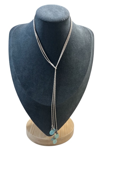 Jewelry - Sterling Silver Lariat Necklace with Aqua Teardrop Charms